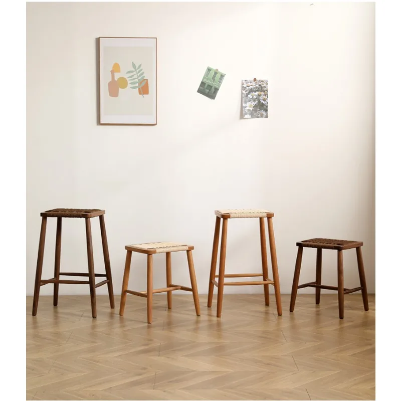 

Solid wood braided rope chair square stool medieval wind makeup stool shoe changing stool tea dressing