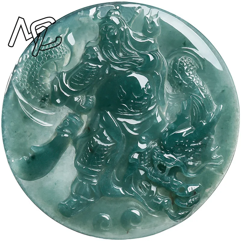 Natural Real Emerald Jade Blue Water Control Dragon Lord Guan Pendant Necklace Carved Jadeite Jewelry Amulet Gifts Certificate view 5