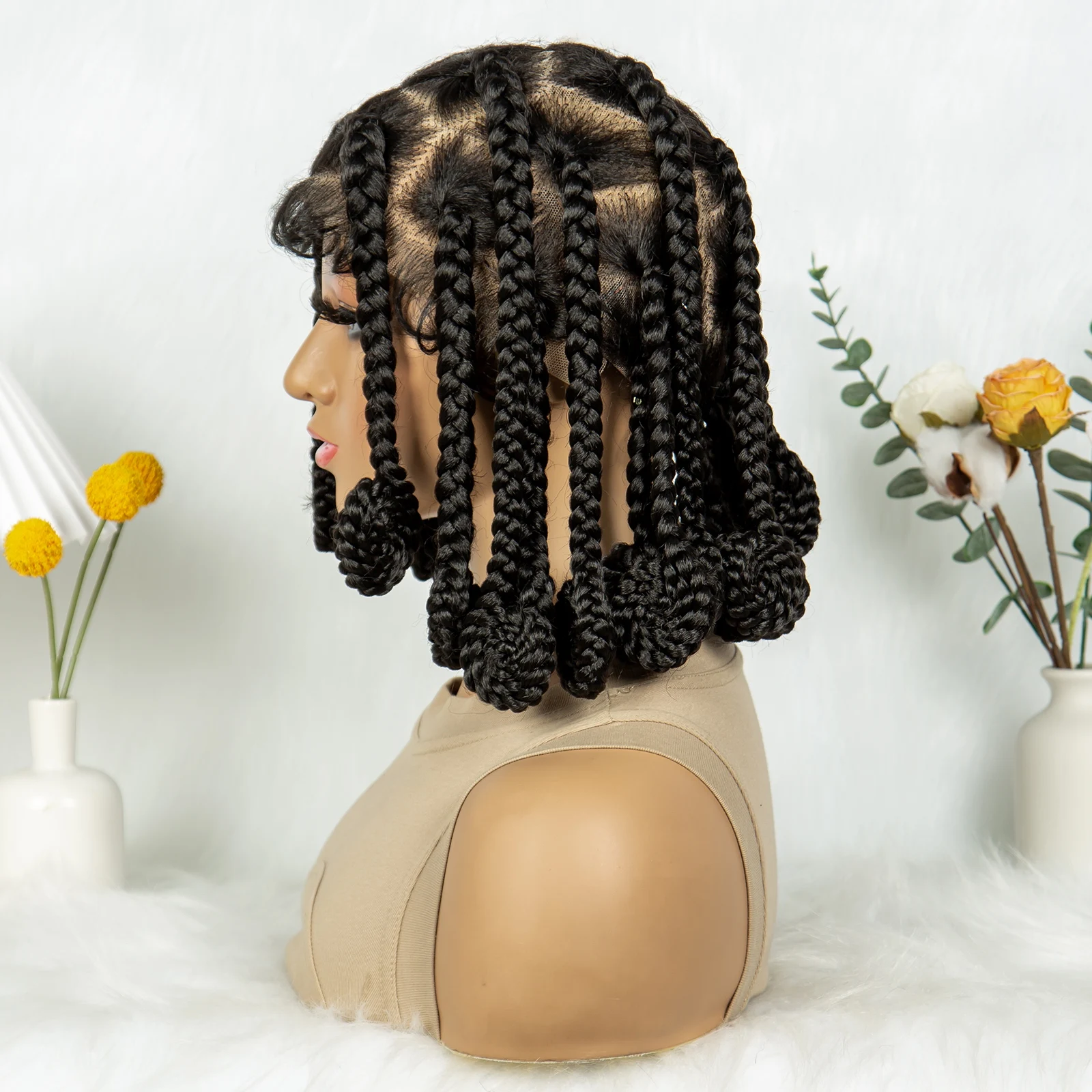 Synthetic Full Lace Braided Wigs Handmade Bantu Braided Lace Wig Knotless Lace Frontal Braids Wig with Baby Hair for Black Women