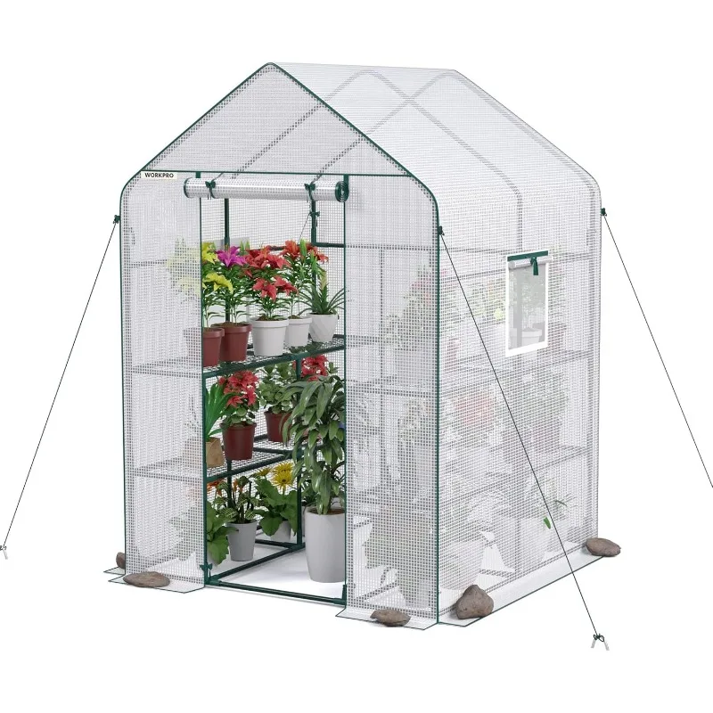 WORKPRO Greenhouse, 56” x 56” x 77” Heavy Duty Walk in Greenhouses for Outdoors with Screen Windows, Thicken PE Cover, 3 Tier 8