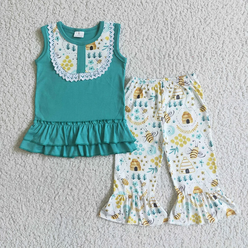 

Fashion Baby Girl Green Clothing Wholesale Kids Children Sleeveless Bee Tank Top Shirt Flower Ruffle Capri Toddler Outfit Set