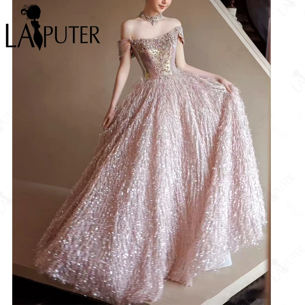 

Beaded Corset Pink Prom Dresses Ostrich Fur Skirt Puffy A line Evening Gown Off Shoulder Crystal Girl Cute Formal Dress