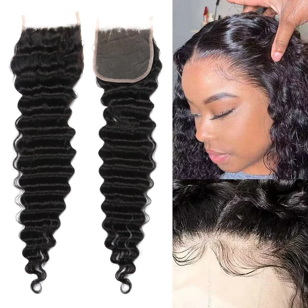 4x4 Lace Closure 100% Human Hair 22 Inch Deep Wave Closure PrePlucked with Baby hair Free Part Transparent Lace Closure Raw Hair