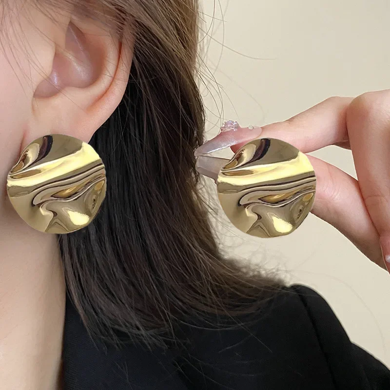 Punk Fashion Geometric Metal Wave Irregular Stud Earrings for Women Girls Gold Color Wrinkle Textured Earring Party Jewelry