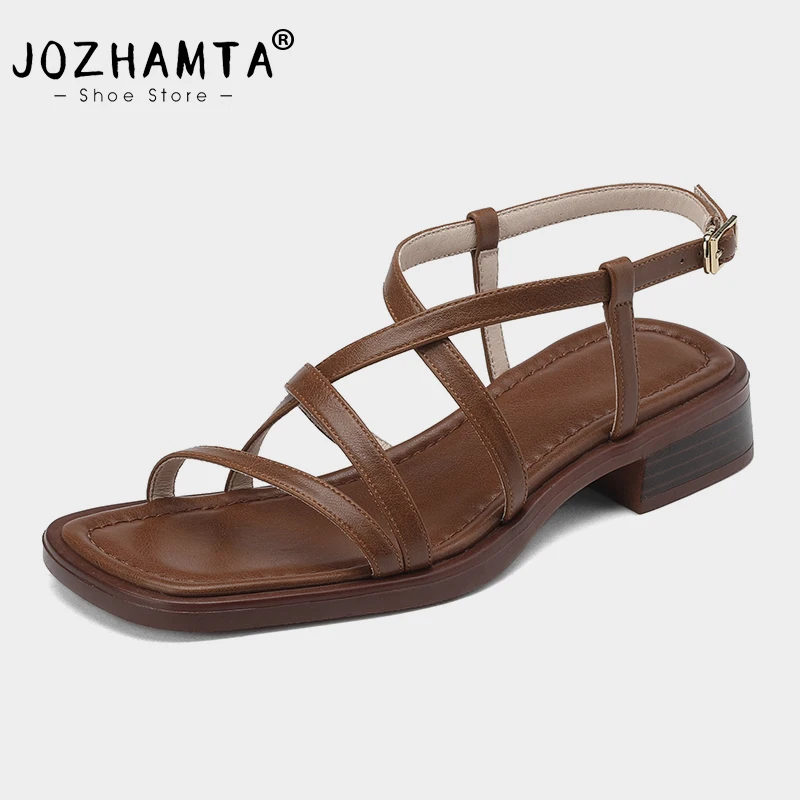 JOZHAMTA Size 34-43 Women Sandals Retro Rome Low Heels Summer Shoes Woman Real Leather 2023 New Chunky Heeled Sandal Big Size