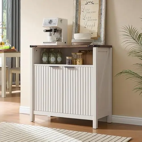 32 Inch Fluted Sideboard Buffet Cabinet with Storage Antique White | Coffee Bar Cabinet with Open Shelf and 5-Level
