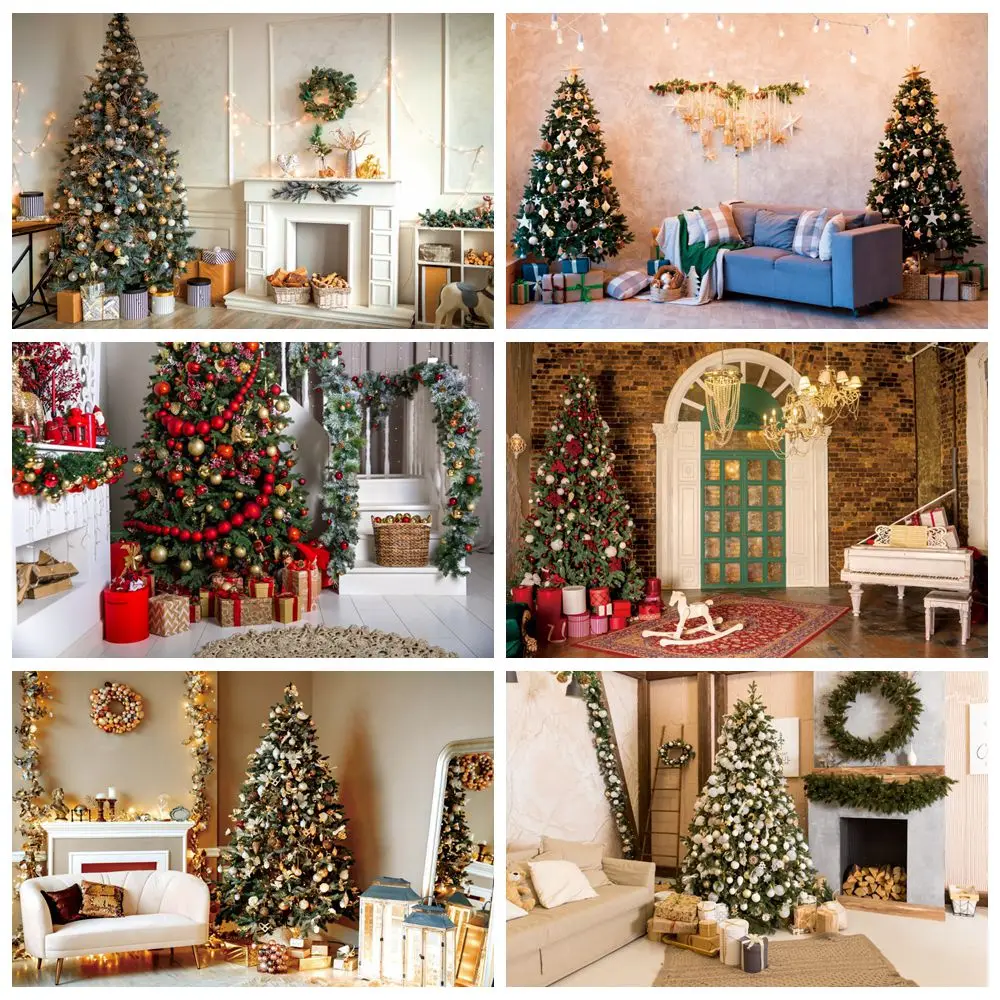 

2024 Christmas Photography Backdrop Living Room Xmas Tree Gifts Kids Family Portrait Photocall Background Decor Photostudio Prop