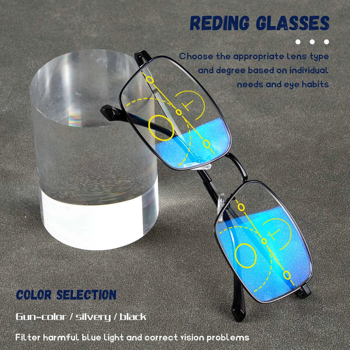 Progressive Multifokal-Lesebrille, Blaulichtfilter-Gläser, klare Sicht aus der Ferne und aus der Nähe, Metallrahmen, Unisex. – Detail 3