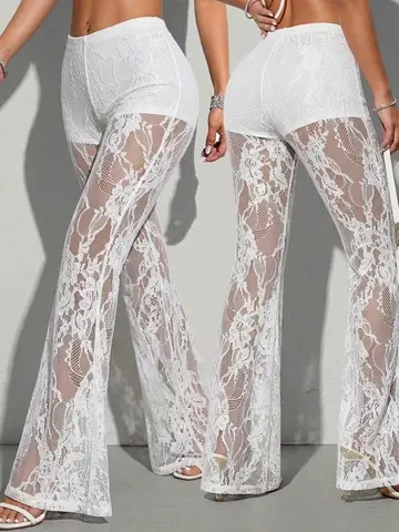 8470 Ladies Lace-Trimmed Bell Bottom Pants Casual Elegant All-Season Fashionable Trousers for Women