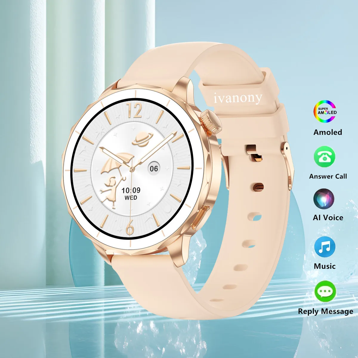 ساعة ذكية للنساء عبرية 1.32 بوصة شاشة Amoled 4GB/ROM Whatsapp Reply بلوتوث مكالمة الملاحة AI مساعد Smartwatch الرجال