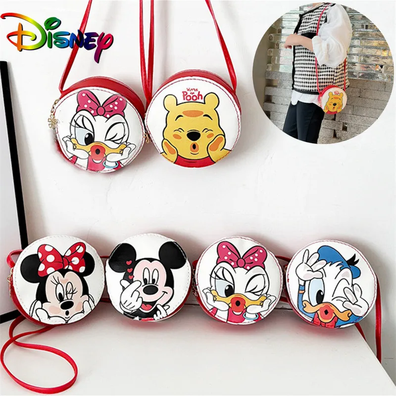 Disney Fashion Children Crossbody Bag Girl Cartoon Coin Purse Mickey Minnie Cute Shoulder Bag PU Leather Handbag Small Round Bag