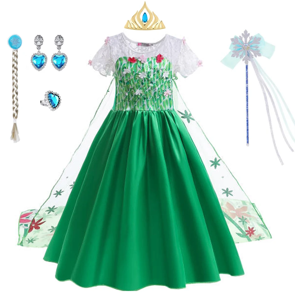 Elsa Green Dress for Kids Girl Princess  Costume Dresses  Children Long Cloak Floral Lace Ball Gown Summer