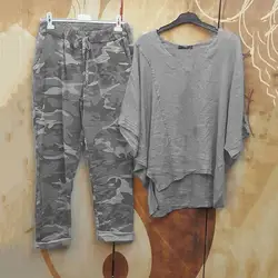 2Pcs Women Tops Pants Set Round Neck Bat Sleeve Quarters-Sleeve T-shirt Loose Camouflage Print Casual Outfit for Daily Wear