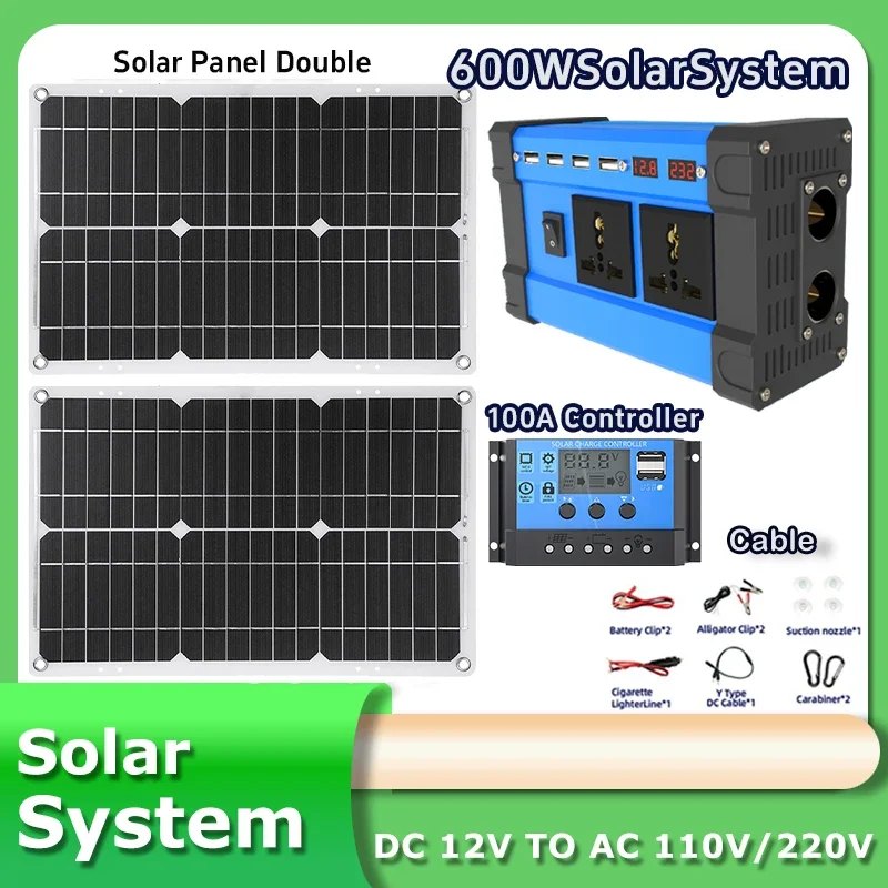 6000W Dual Solar Panel Inverter Kit: 2x600W Portable System + 100A mppt Controller & 110V 220V Inverter for RV/Camping/Off-Grid