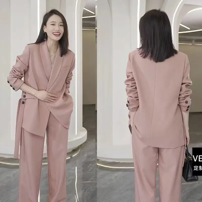 Woman\'s Plus Size Retro Casual Short Lace-up Suit Jacket Wide-leg Pants Commuter Solid Color Loose Two-piece Set