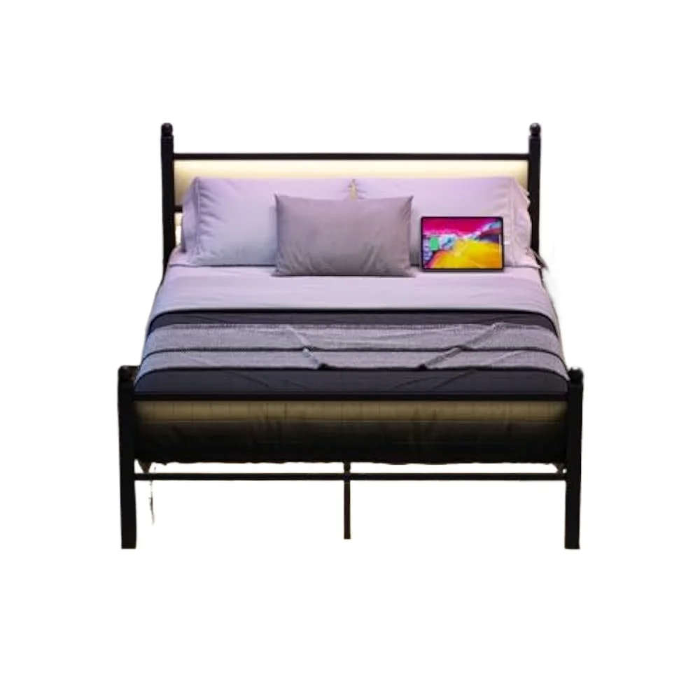 

LED Full Size Bed Frame with Charging Station, Bed Frame with Headboard and Footboard, Storage Space Under Bed, Noise Free