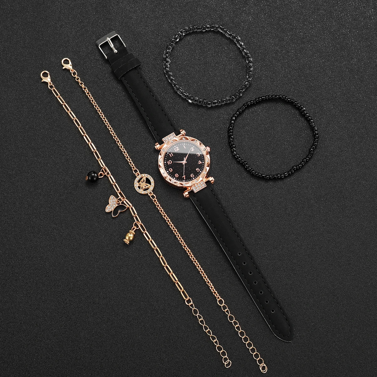 5PCs/Set Women Fashion Watch Butterfly Bracelet Set Black Leather Strap Quartz Watch