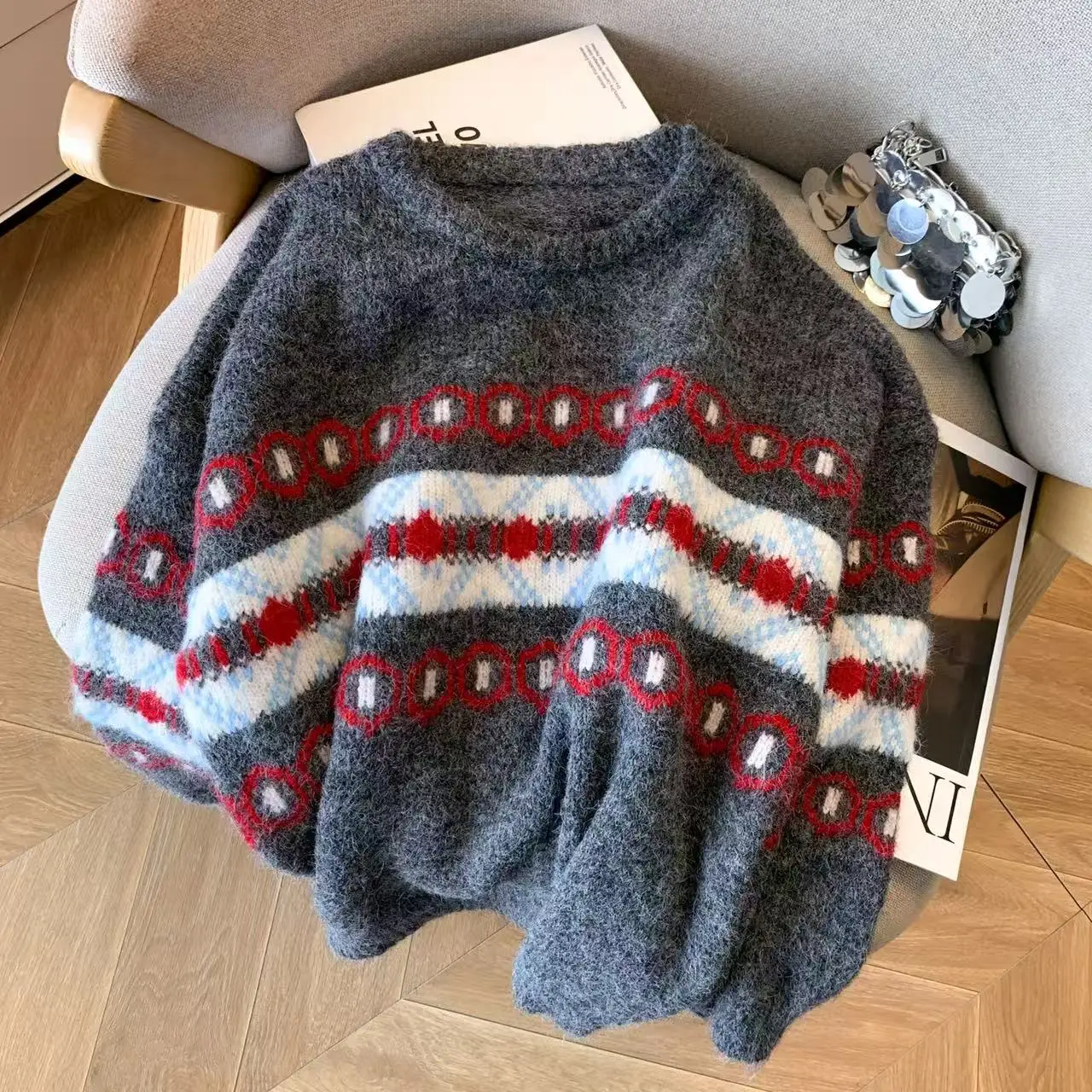 

Women's Grey O-neck Long Sleeves Ripped Sweater Y2K French Elegant Aesthetics Office Fashion Retro Top Sweater Winter Clothing