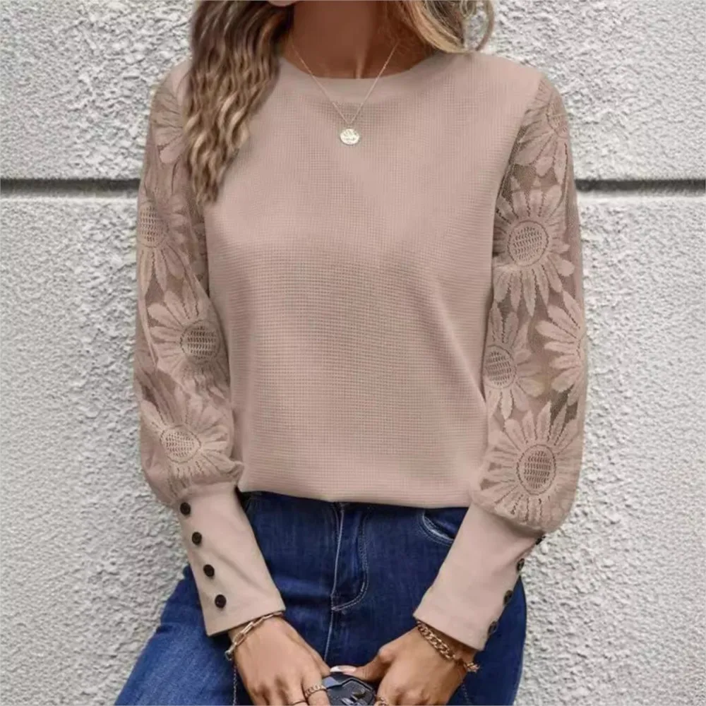 Women Casual White Sweatshirt 2024 Solid Color Long Sleeve Embroidered Lace Hollow Splicing Waffle Round Neck Hoodie OL Clothing