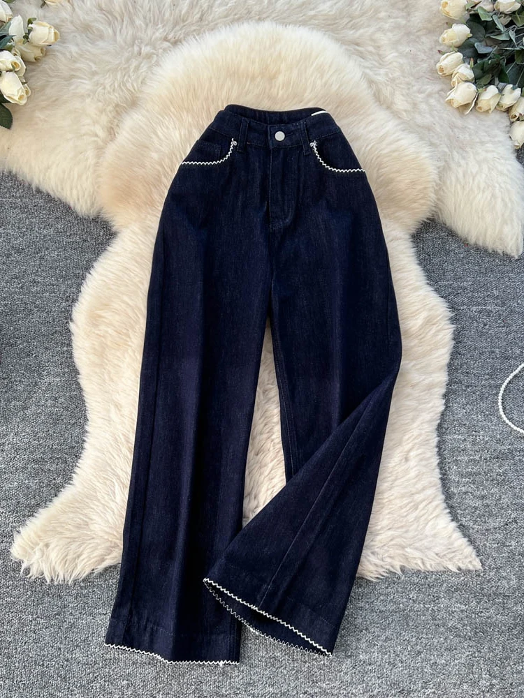 Casual cintura alta perna larga denim jeans feminino outono solto em linha reta costurado design de renda calças de emagrecimento fadable todos os jogos