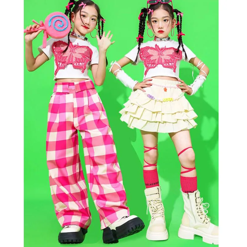 Girls Hip Hop Crop Tshirt Plaid Pants Children White Tiered Skirt Kids Streetwear Jazz Sweet Street Dance Costume Clothes Set