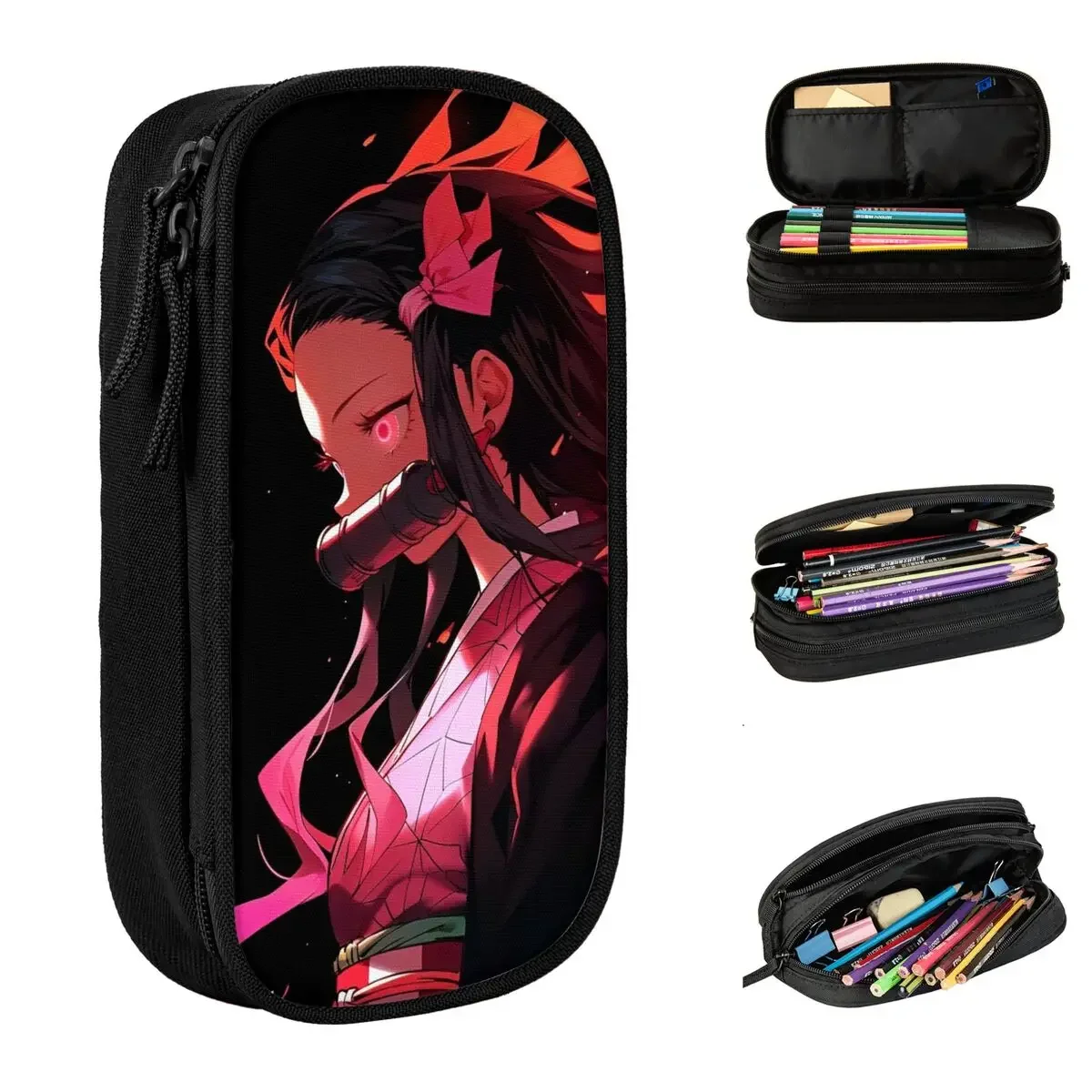 Piórniki anime Demon Slayer Lovely Nezuko Kamado Pen Holder Bag Large Storage Students School Cosmetic Pencil Pouch