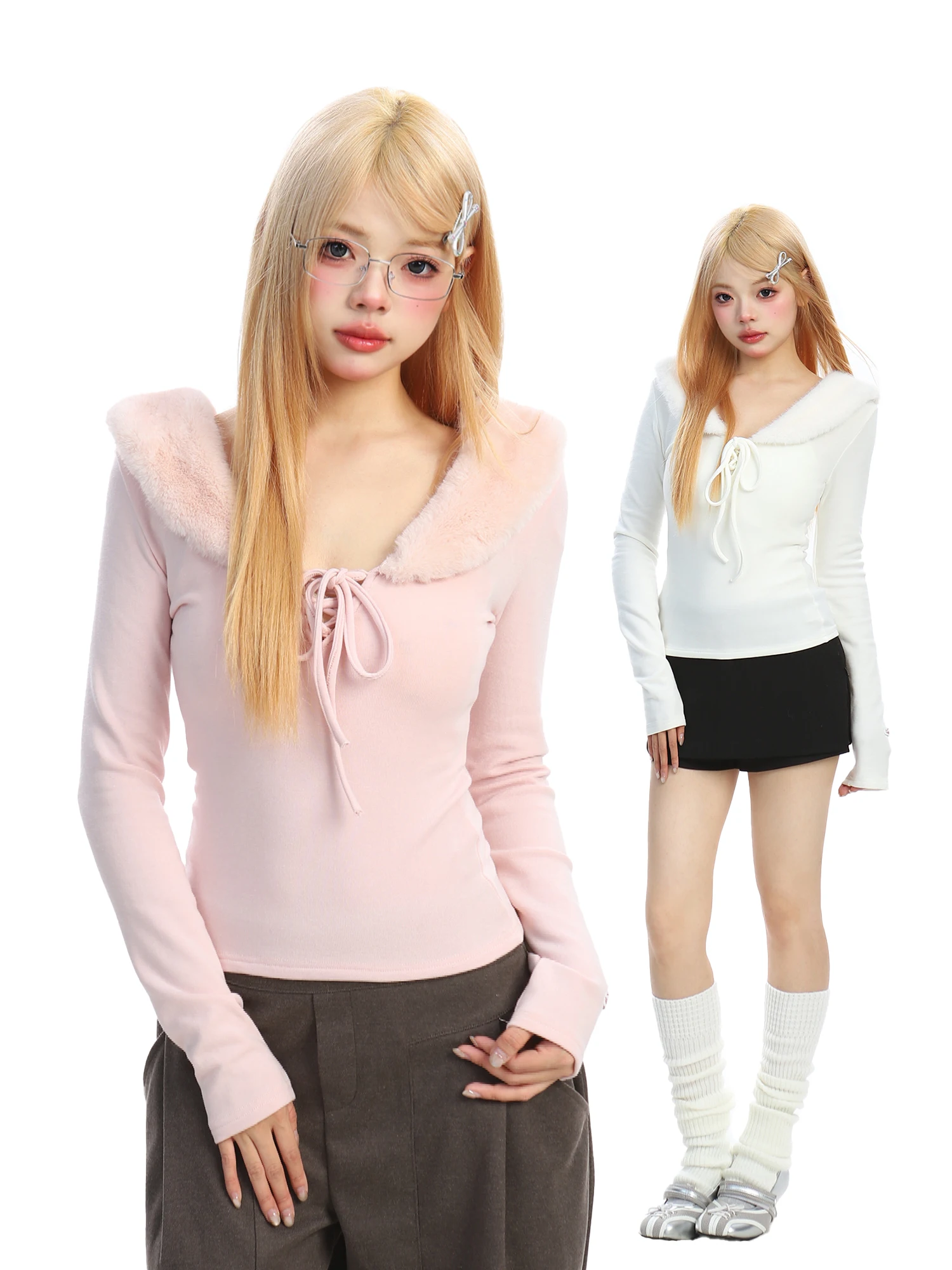 

Женская приталенная футболка BearGirl в корейском стиле с длинным рукавом, V-образным вырезом и меховым воротником-узлом, весенняя базовая модель