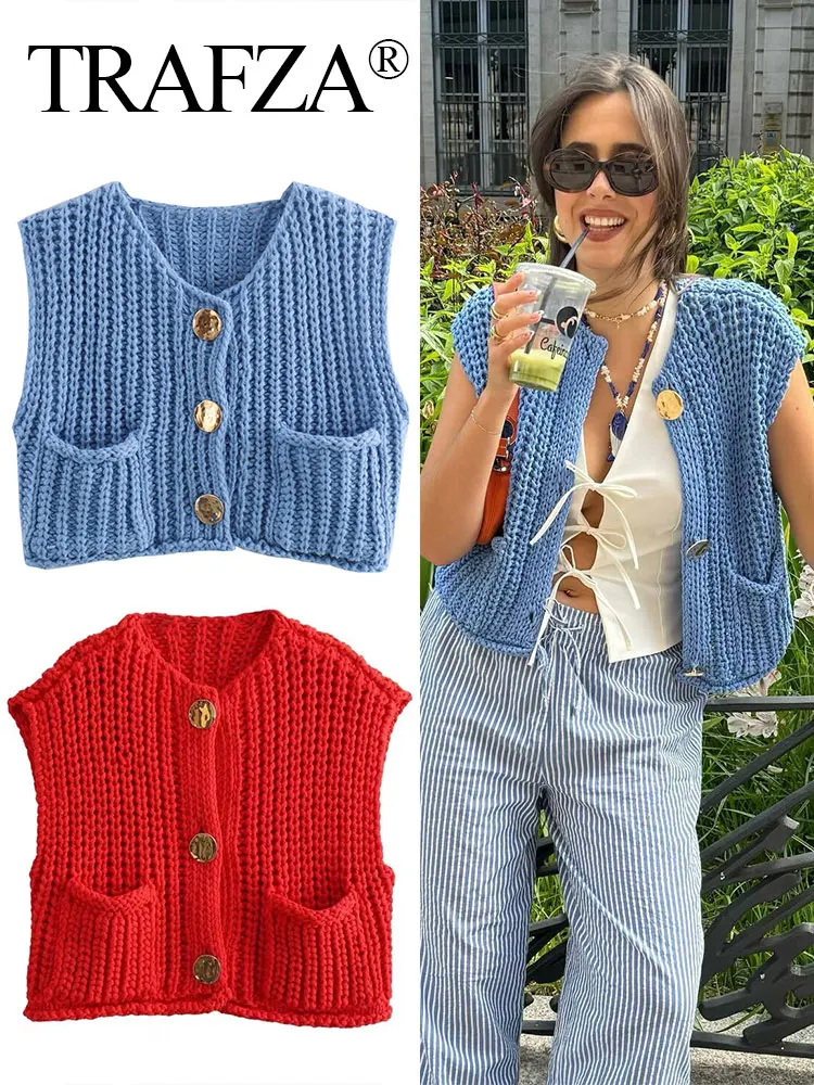 TRAFZA 2024 Woman Solid Vest Knitted O Neck Single Breasted Cardigan Top Female Pockets Wild Elegant Women\'s Waistcoat Sweater