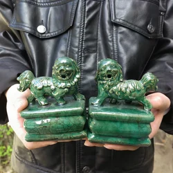 Pair Beijing Lions Fu Foo Dog lion Statues green Ceramic Chinese Feng Shui Decor Prosperity Home and Office Sculpture Gift for