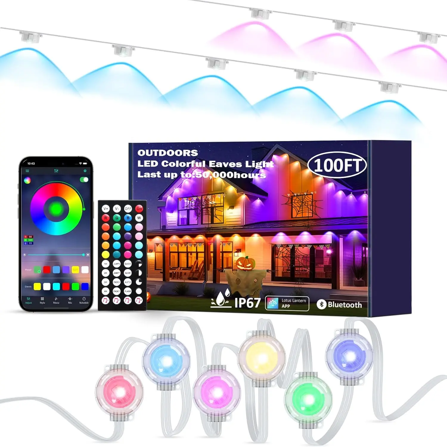 Outdoor Lights, RGB LED Eaves Lights with APP/Remote Control, IP67 Waterproof LED Outdoor String Lights for Christmas, Halloween