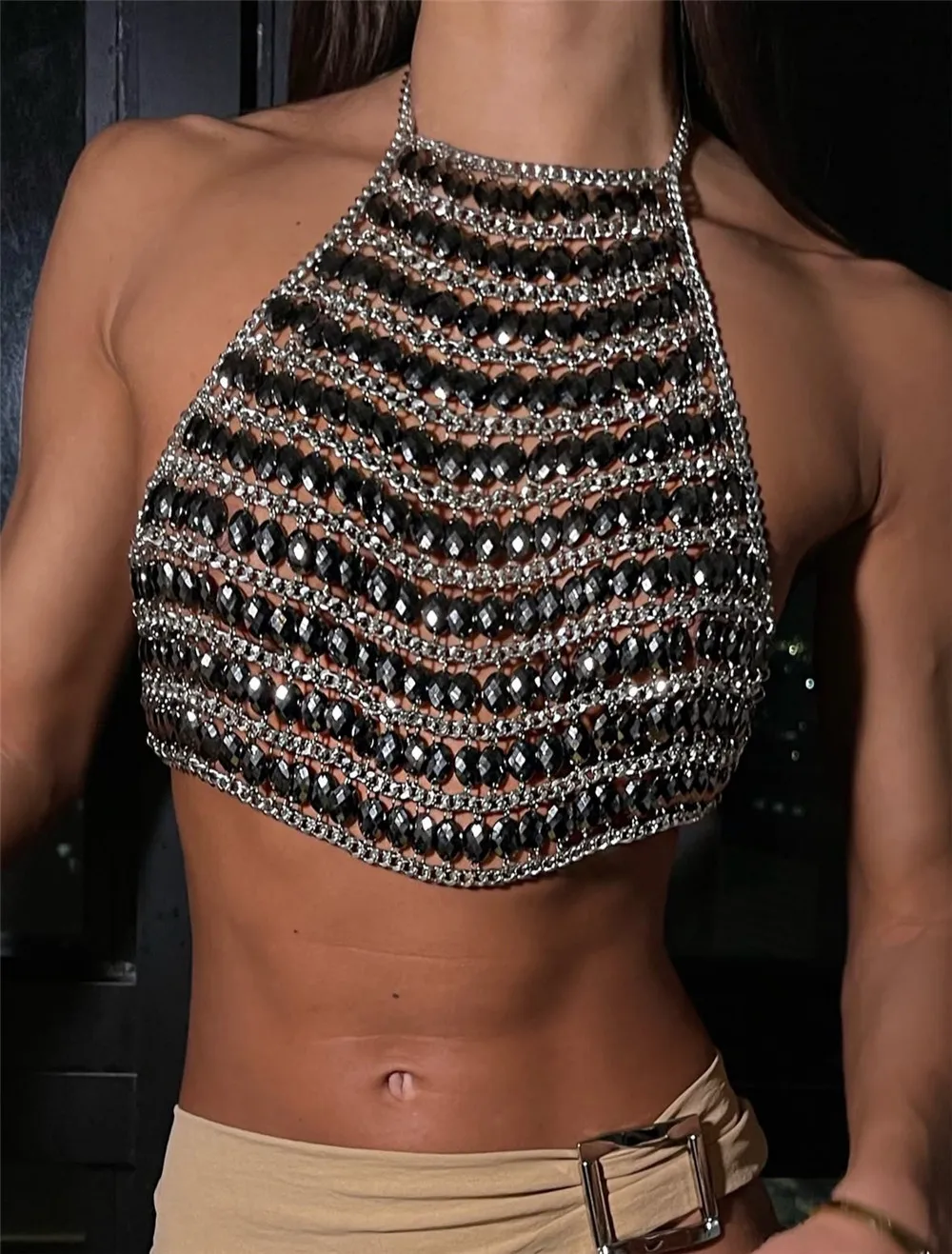 

Женские топы ручной работы из бисера, ажурный сексуальный укороченный топ из бисера, женский черный бюстгальтер с цепочкой на шее, вечерние Rave, жилет из бисера