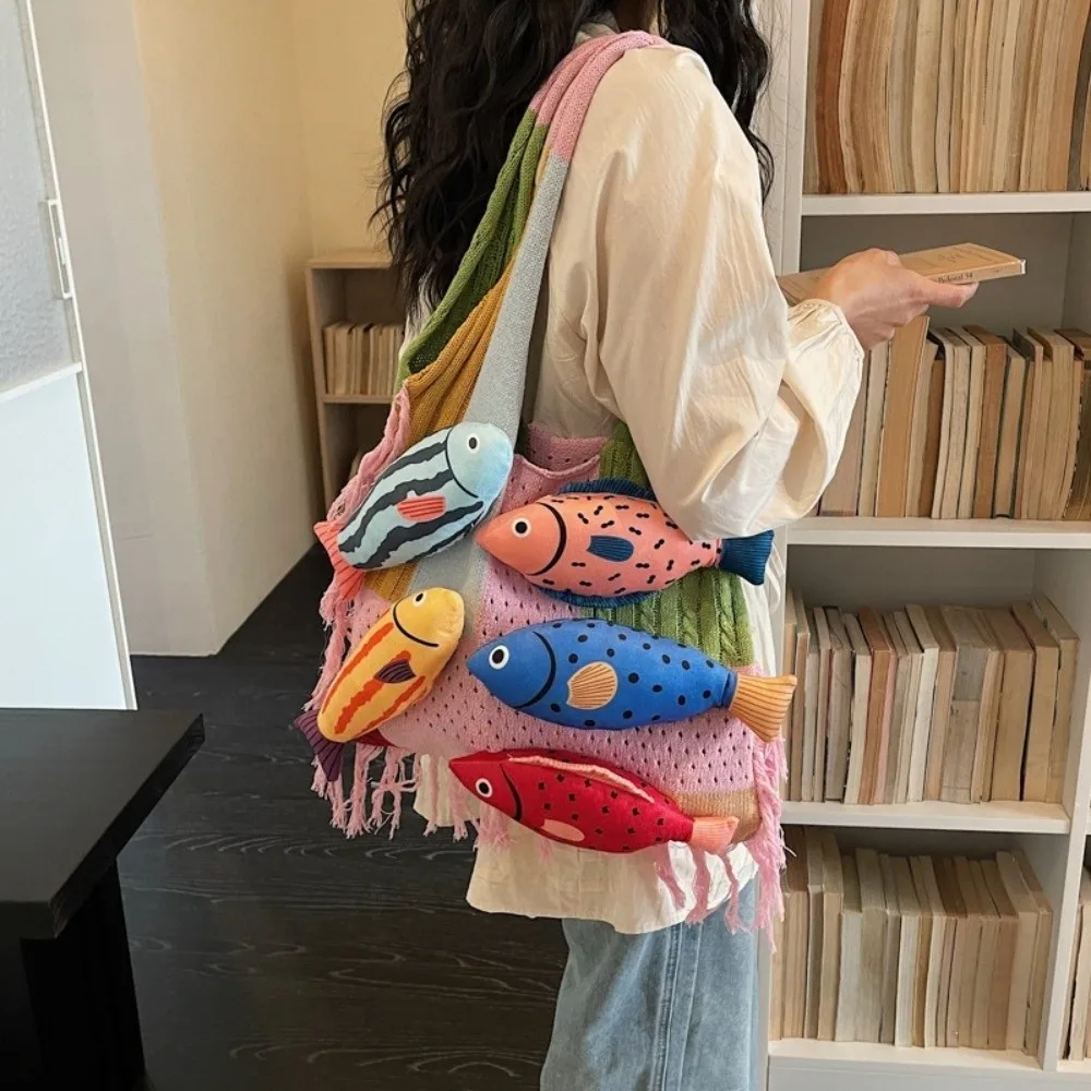 

Summer Cotton Crochet Shoulder Bag Fish Large Capacity Hollow Out Woven Bag Fashion Contrast Color Tassels Beach Handbag Summer