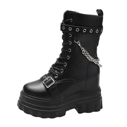 Botas de salto grosso para mulheres, sapatilhas grossas, saltos altos, sapatos de couro plataforma, corrente de metal punk, outono, inverno, 11,5 cm