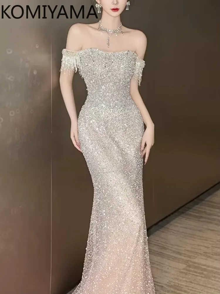 Customized One-shoulder Evening Dress Female Sequined Banquet Host Prom Dresses Temperament Luxury Slim Waist Fishtail Wedding P