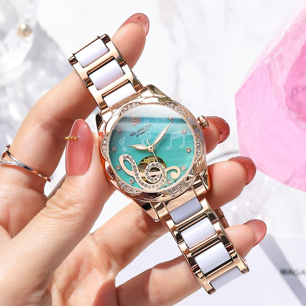 

ORKINA женские механические часы роскошные бриллиантовые музыкальные ноты скелетон из нержавеющей стали керамический ремешок женские наручные часы Montres Femmes