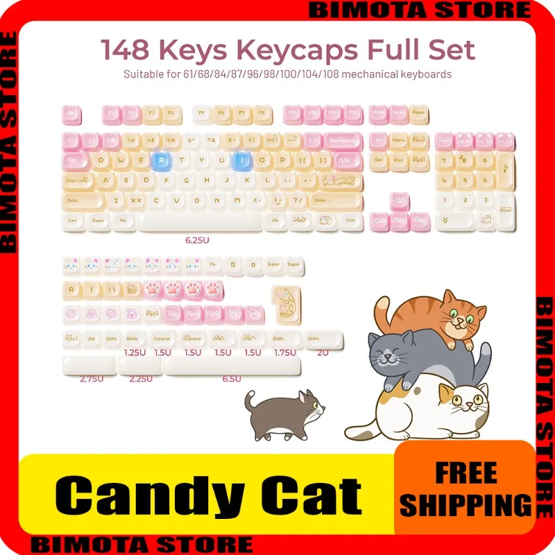 

Candy Cat Keycap Cloth Doll Cat Three Flower Mew Siamese Cat Keycap Smooth PC Translucent Front Engraved Mechanical Keyboard Cap