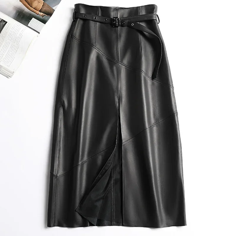 Classy High Waist Slit Long Skirt Genuine Sheepskin Leather Skirt Women