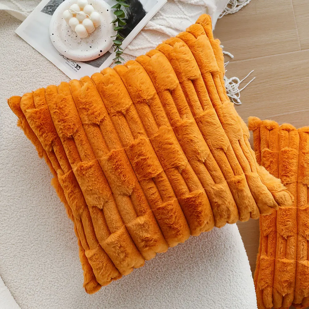 Orange Plush Decorative Cushion Cover Autumn Winter Soft Skin-Friendly Zippered Throw Pillow Cover For Living Room Sofa Bedroom