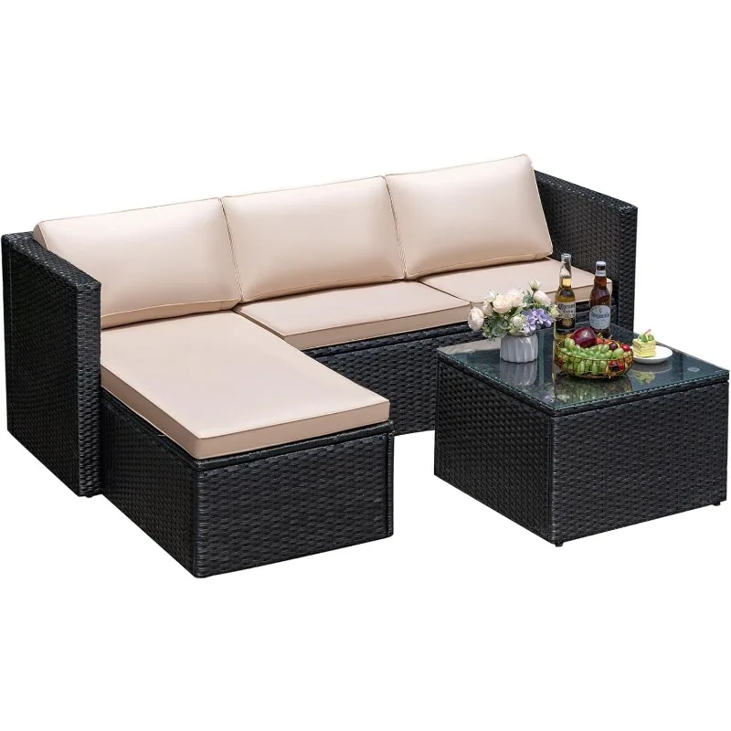 3 buah Set furnitur teras Sofa bagian rotan anyam luar ruangan dengan kursi dapat disetel, bantal lembut & meja kopi untuk halaman