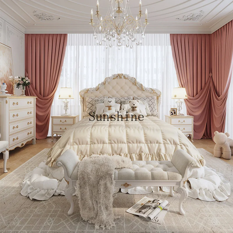 French light luxury solid wood carving flower bed bedroom European court style pink wedding bed