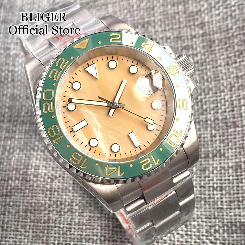 

BLIGER 24 Jewel NH35A Automatic Mens Watch Sapphire Glass Stainless Steel Brushed Bracelet Orange Shell Dial Luminous New