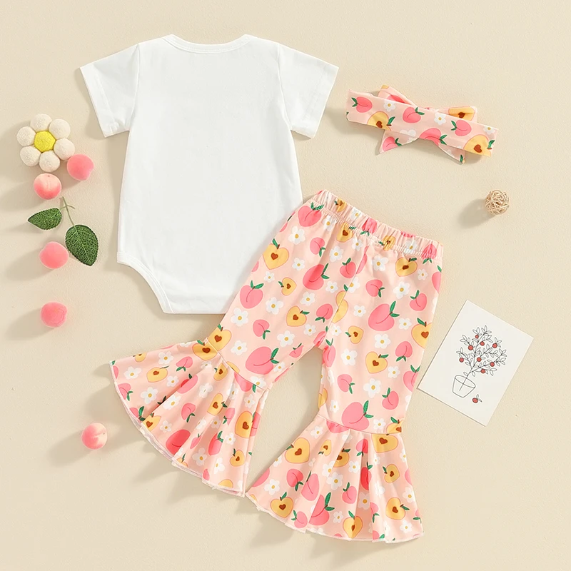 

Baby Girls Summer 3PCS Sets White Short Sleeve Romper Tops Peach Print Flared Pants Headband Sets