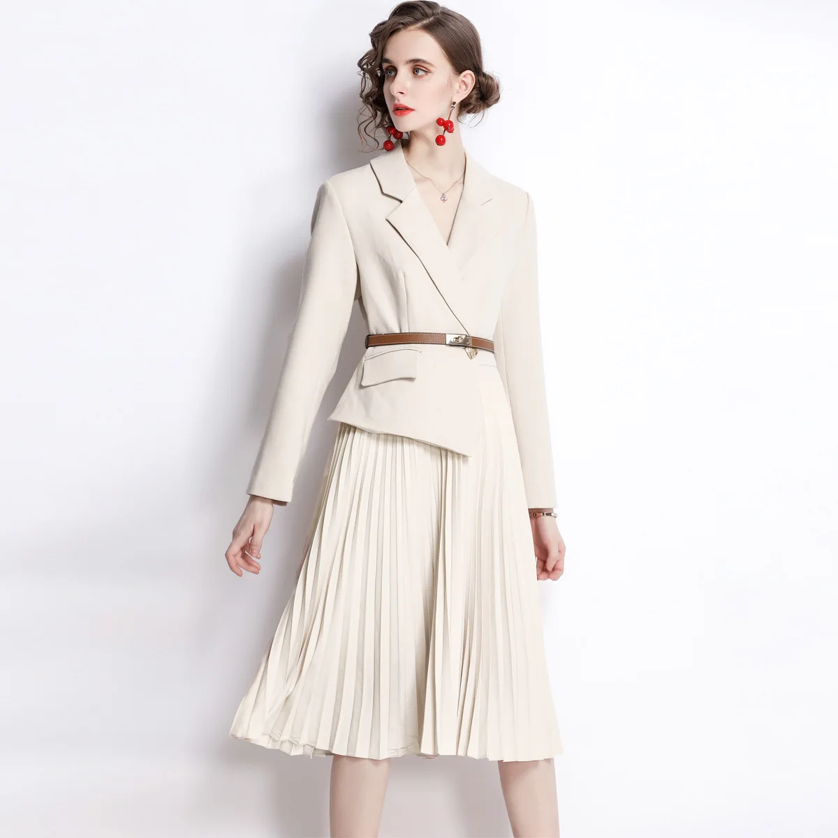 #2329 Beige False Two Piece Blazer Dress Women Split Joint Pleated A-line Office Dress Belt Irregular Ladies Dresses Spring 2024