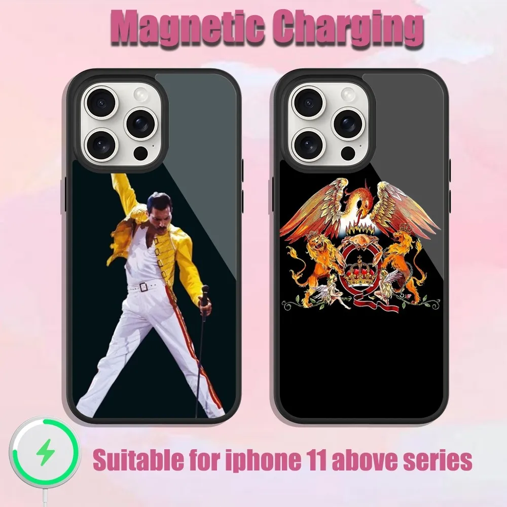 

Q-Queen Freddie Band Mercury Phone Case For iPhone 13 15 11 12 14 Plus Pro Max Glass Charging Magsafe Magnetic Cover