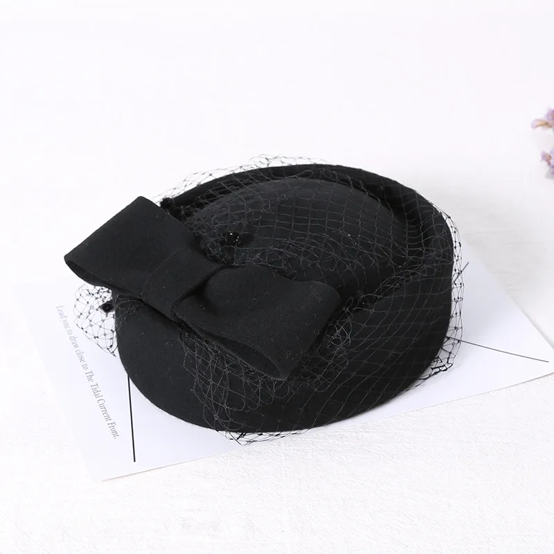 Women Wool Bow Hat with Veil, Cashmere Stewardess Cap for Winter,Celebrity Style Party Wedding Fascinator Hat for Women Ladies