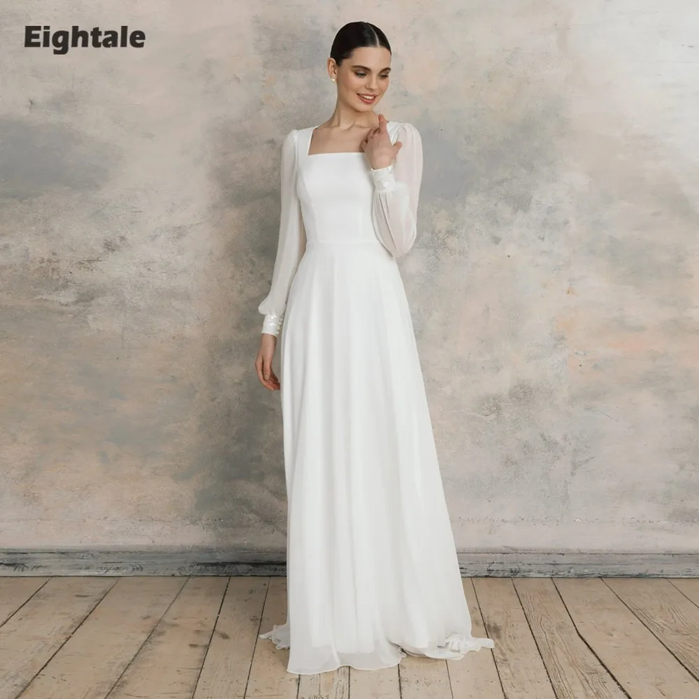 Eightale Arabic Wedding Dress Scoop Customized Ivory Satin Long Sleeves Muslim Bridal Gown Appliques A-Line Bride Party Dress