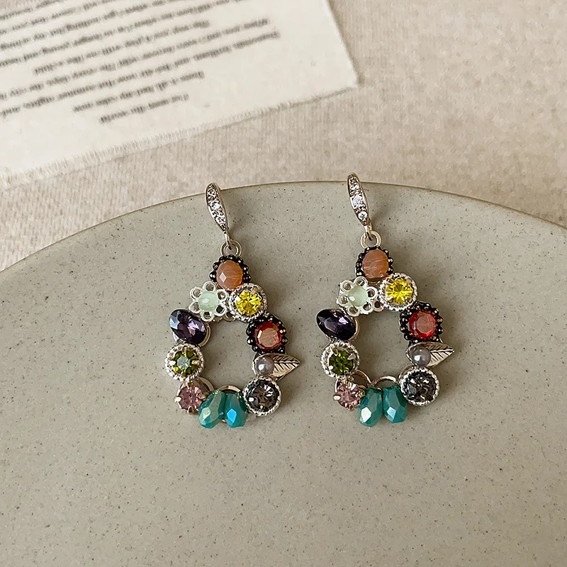 

Retro Colorful Crystal Beaded Hook Earrings for Women Luxury Elegant Hollow 925 Silver Needle Earrings Ethnic Party Jewelry Gift