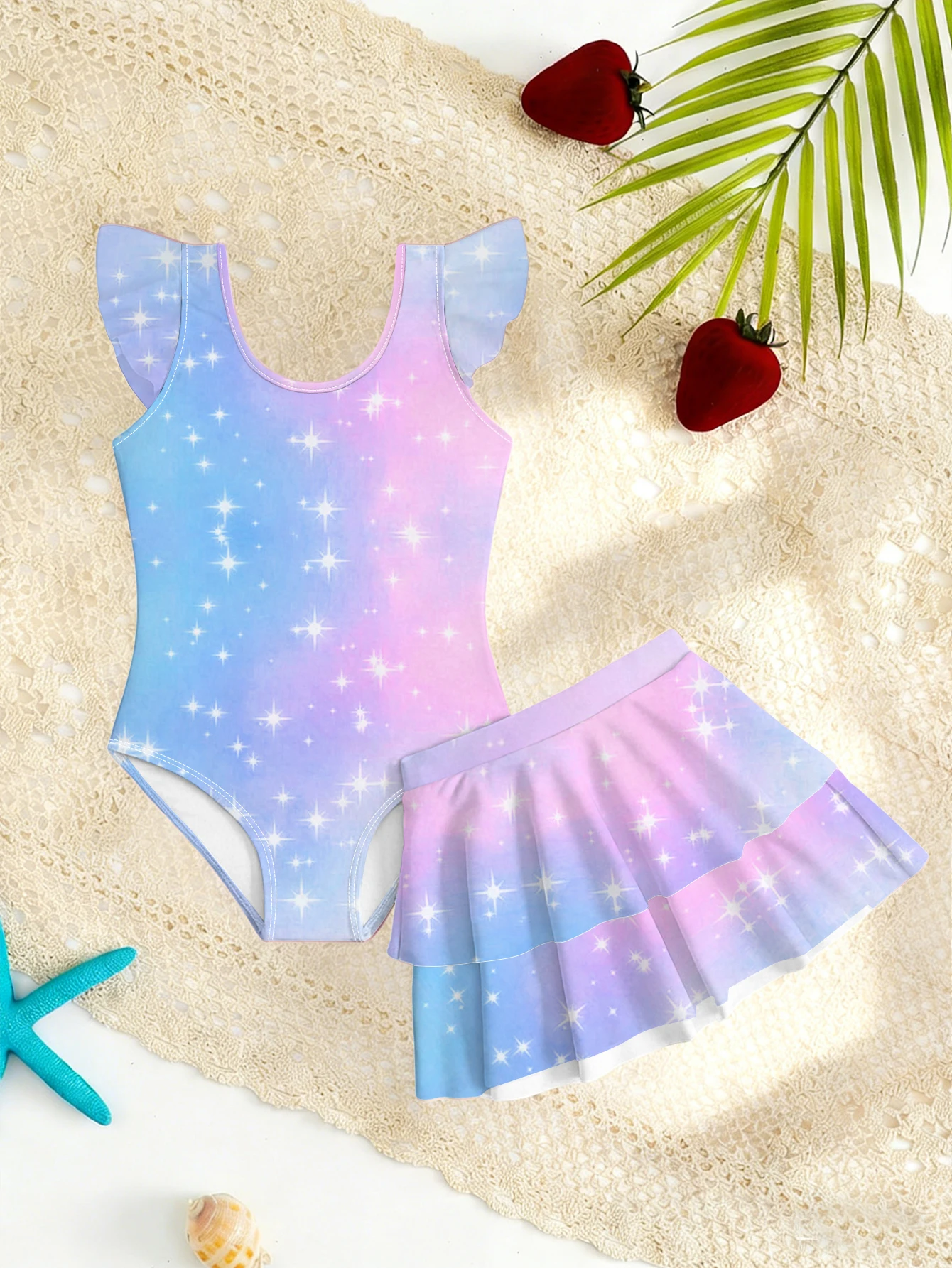 Kids Girls 2 Piece Gradient Star Print One Piece Swimsuit with Ruffle Skirt Cover Up Summer Beach Swimwear