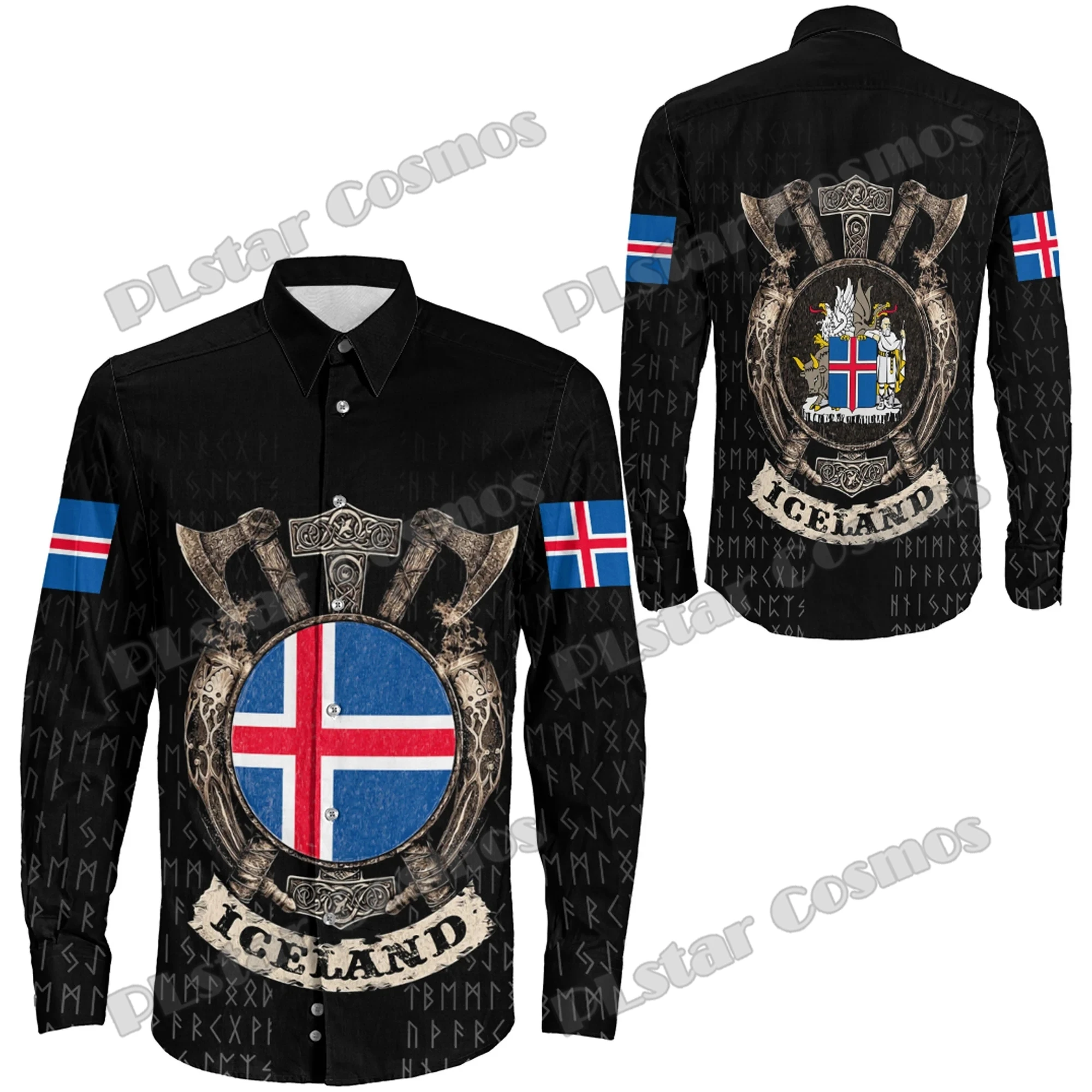 Eropa Utara Negara Tato Denmark Perisai 3D Dicetak Fashion Pria Lengan Panjang Tombol Kemeja Musim Semi Pria Kasual Kerah Kemeja CXS53