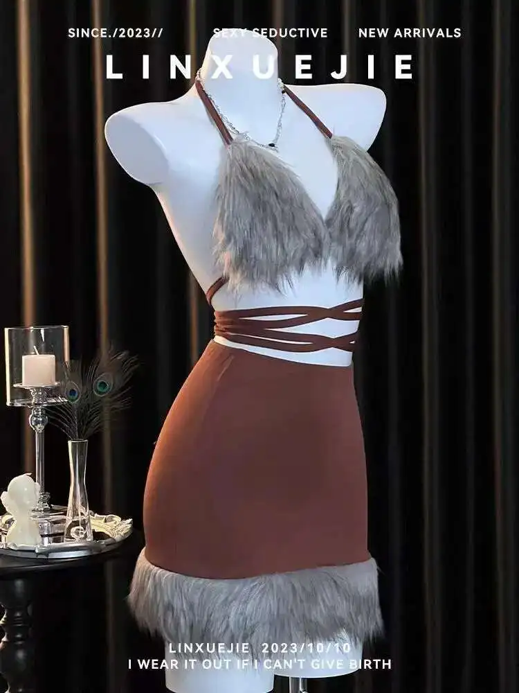 Lingerie Sexy chat en peluche épissage col suspendu fesses tentantes robe de jeu de rôle courte élégante mode débardeur Mini robe haut V52